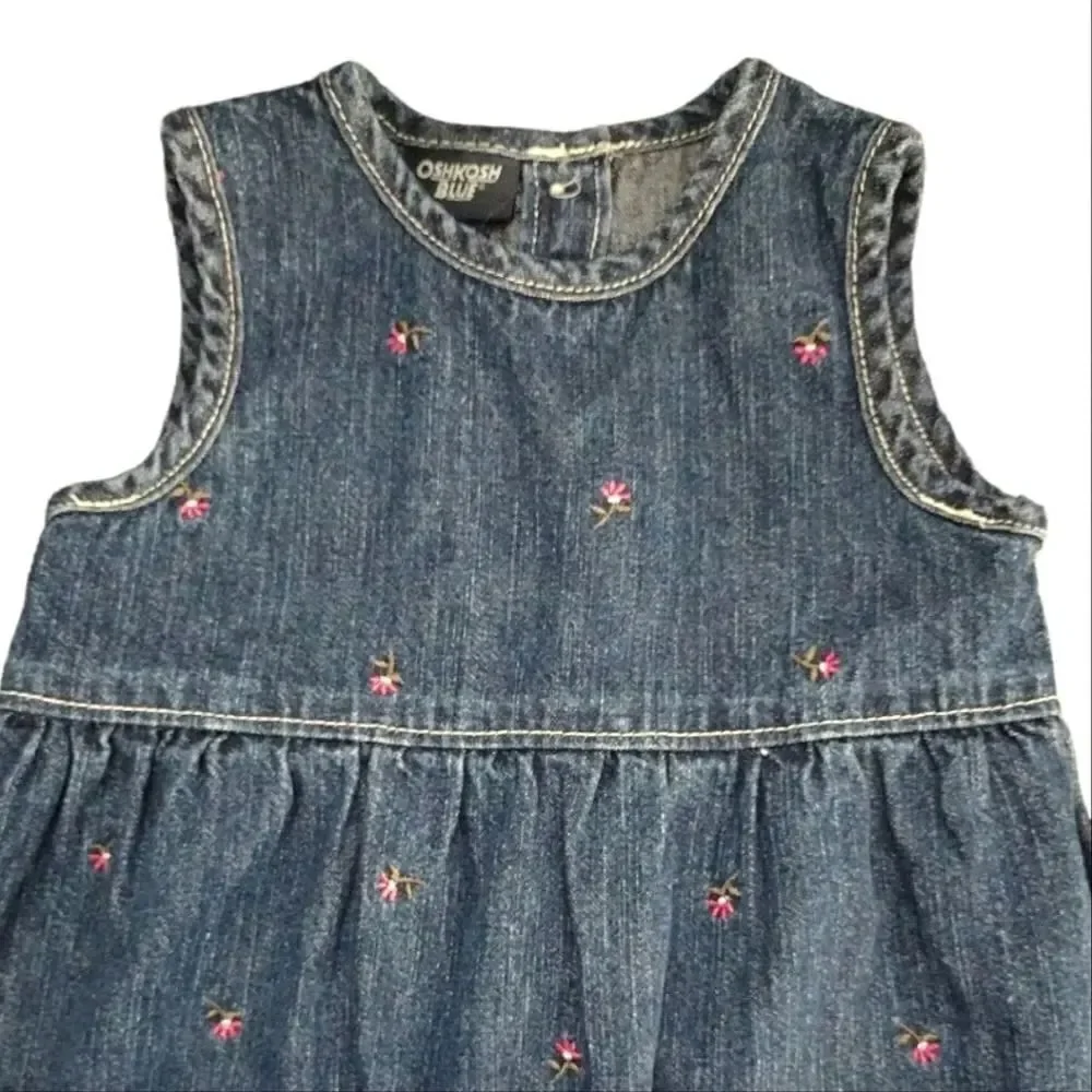 VTG OshKosh 2 Piece Floral Denim‎ Jean Jumper Dress Girl's 6-9mos